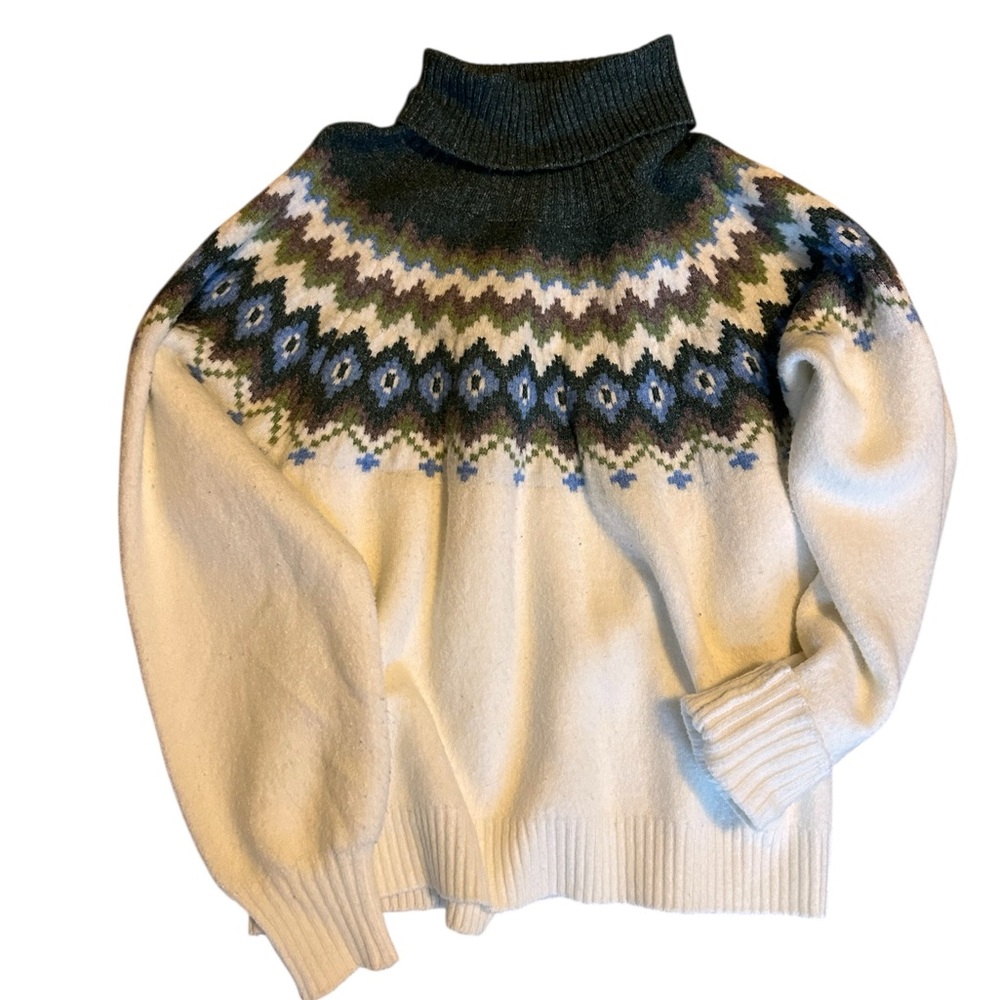 Cream and Blue Green Nordic Turtleneck Sweater -XL